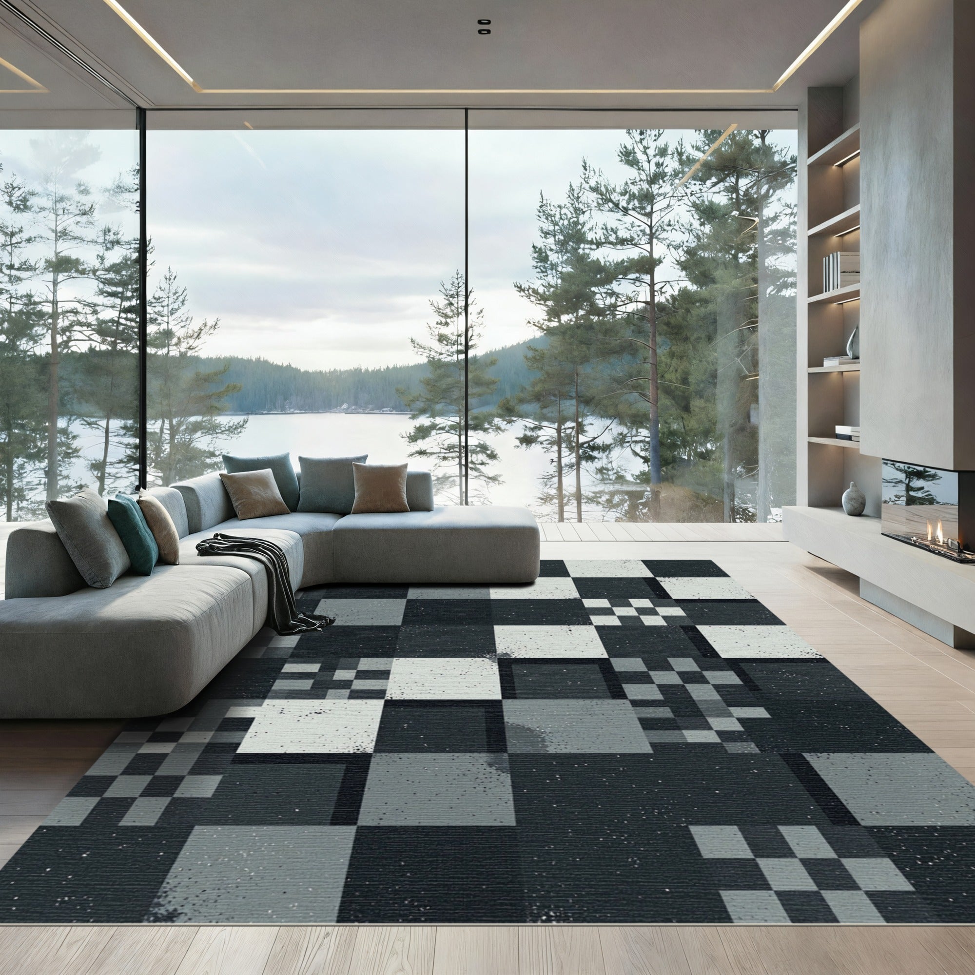 Monochromatic Abstract Geometric Pixel Checkered Rug