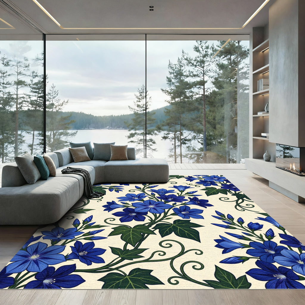 Elegant Cobalt Blue Bellflower Botanical Rug