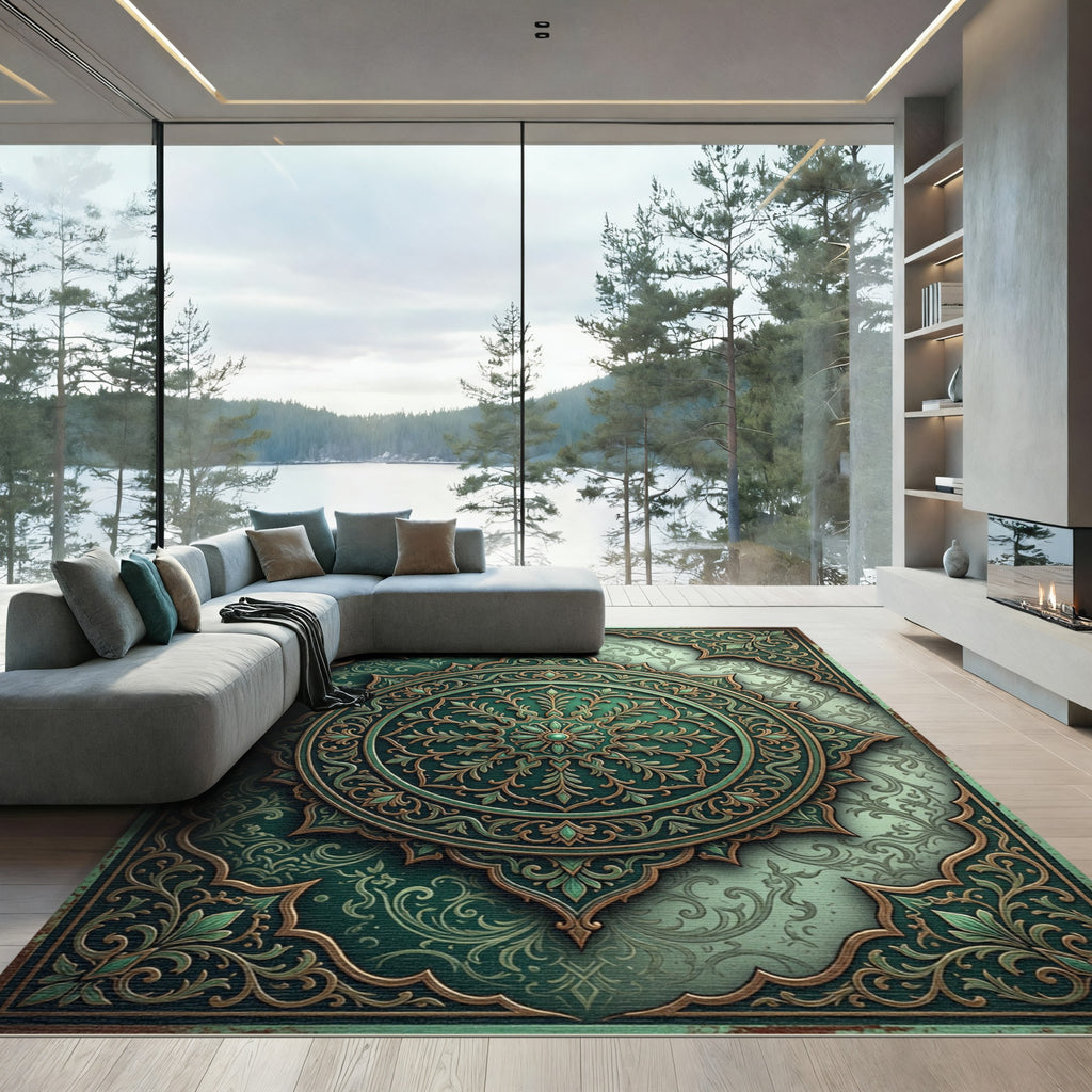 Elegant Emerald Verdant Ornate Medallion Rug