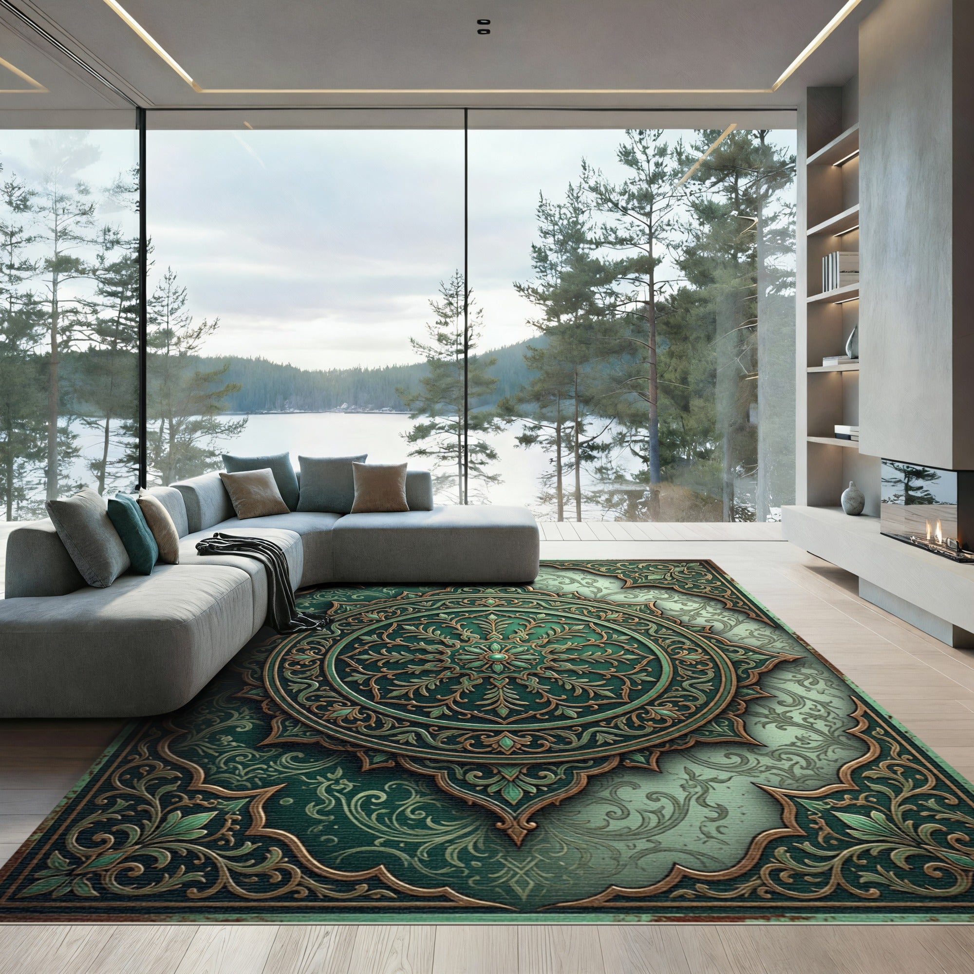 Elegant Emerald Verdant Ornate Medallion Rug