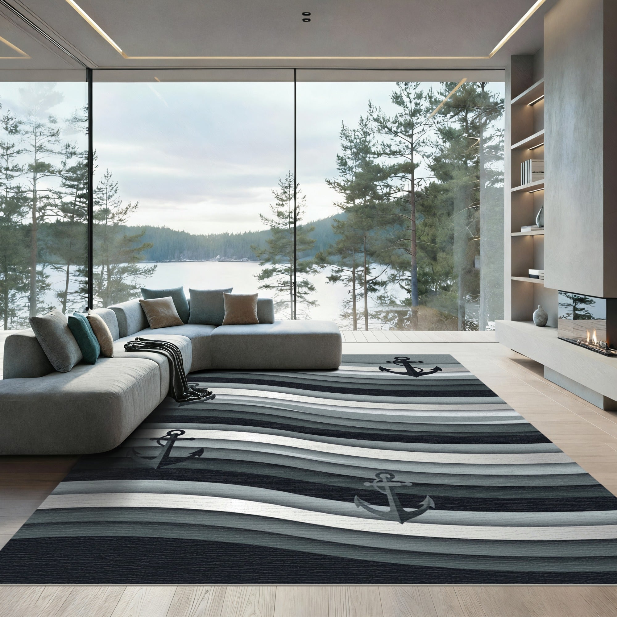 Monochromatic Wavy Nautical Anchor Rug