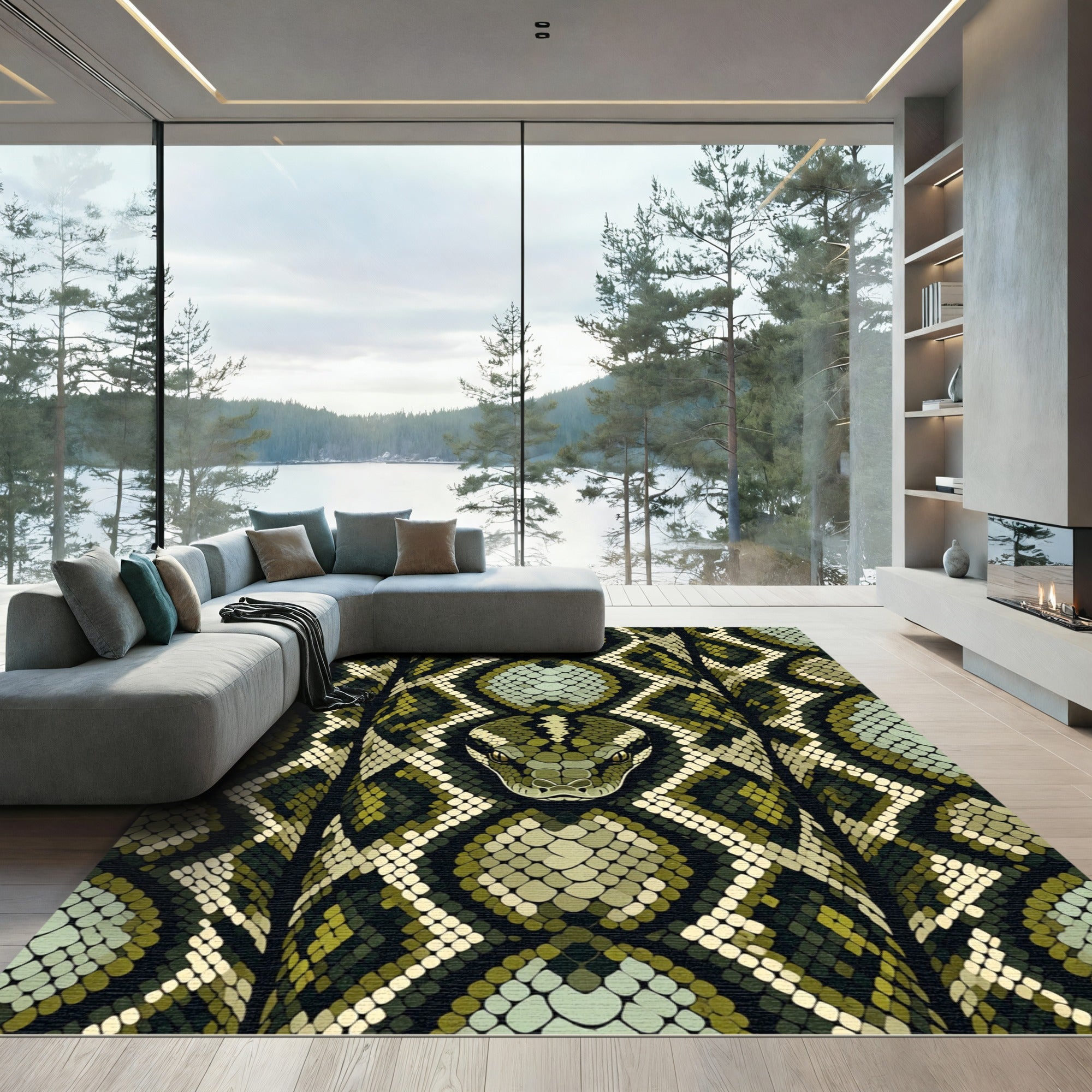Olive Green Reptile Scale Serpent Rug