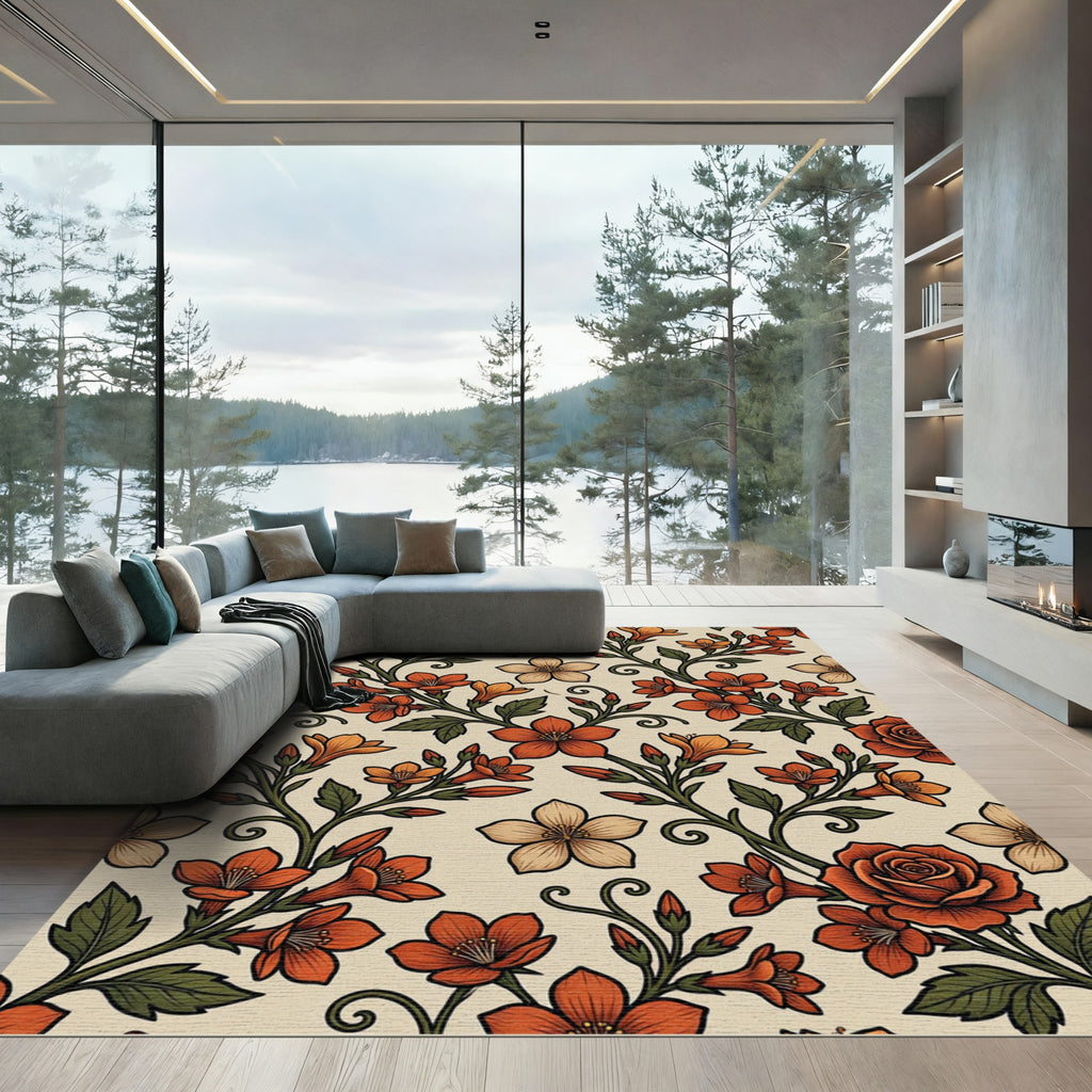 Vintage Terracotta Floral Botanical Wallpaper Rug