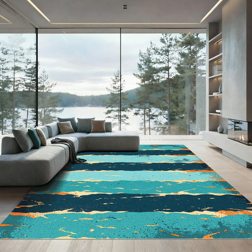 Aqua Teal Orange Splotch Stripes Rug