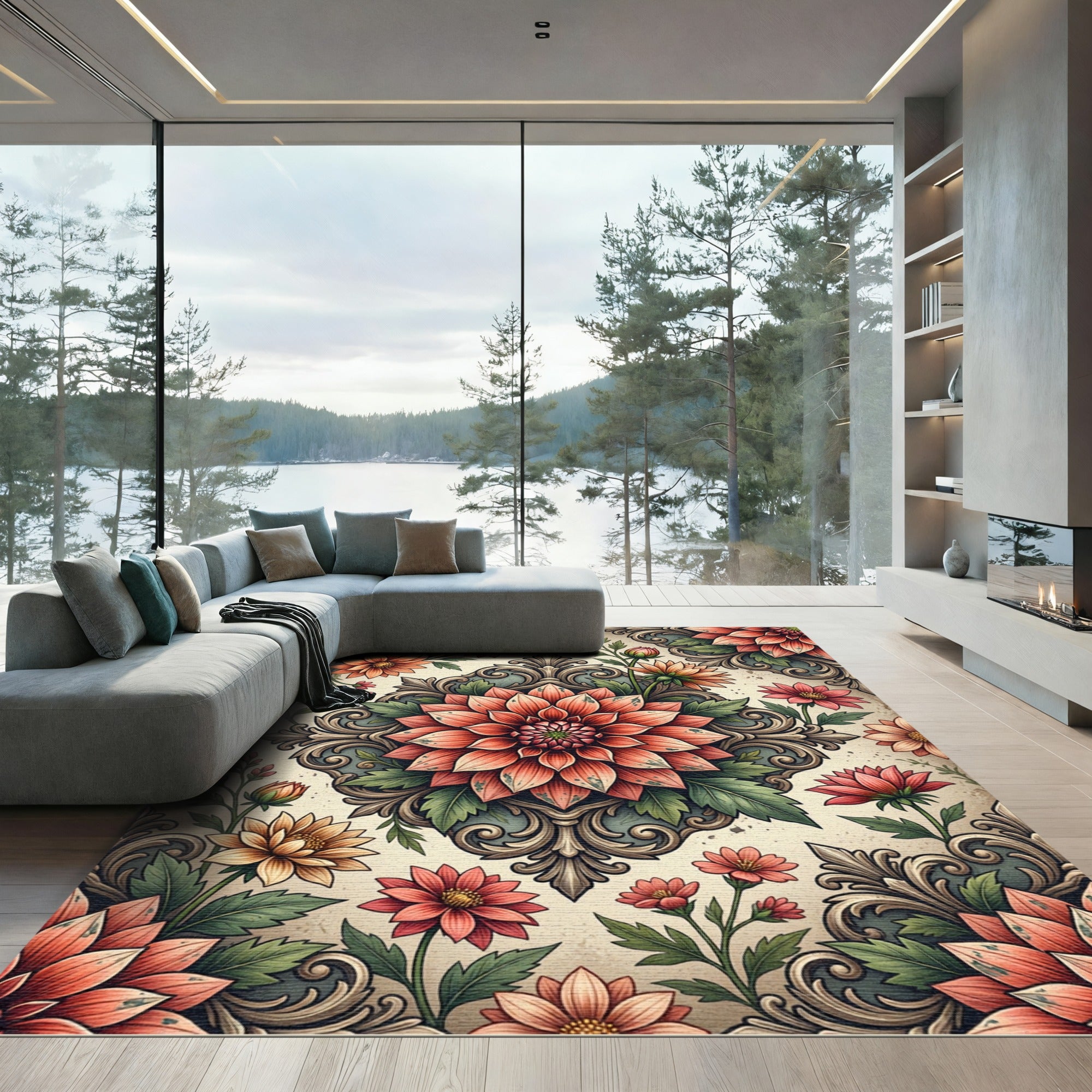 Vintage Peach Floral Damask Medallion Rug
