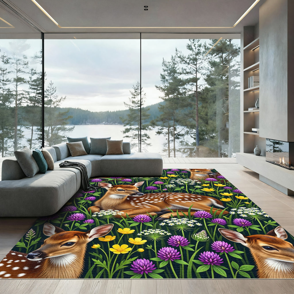 Whimsical Fawn Meadow Floral Tapestry Rug