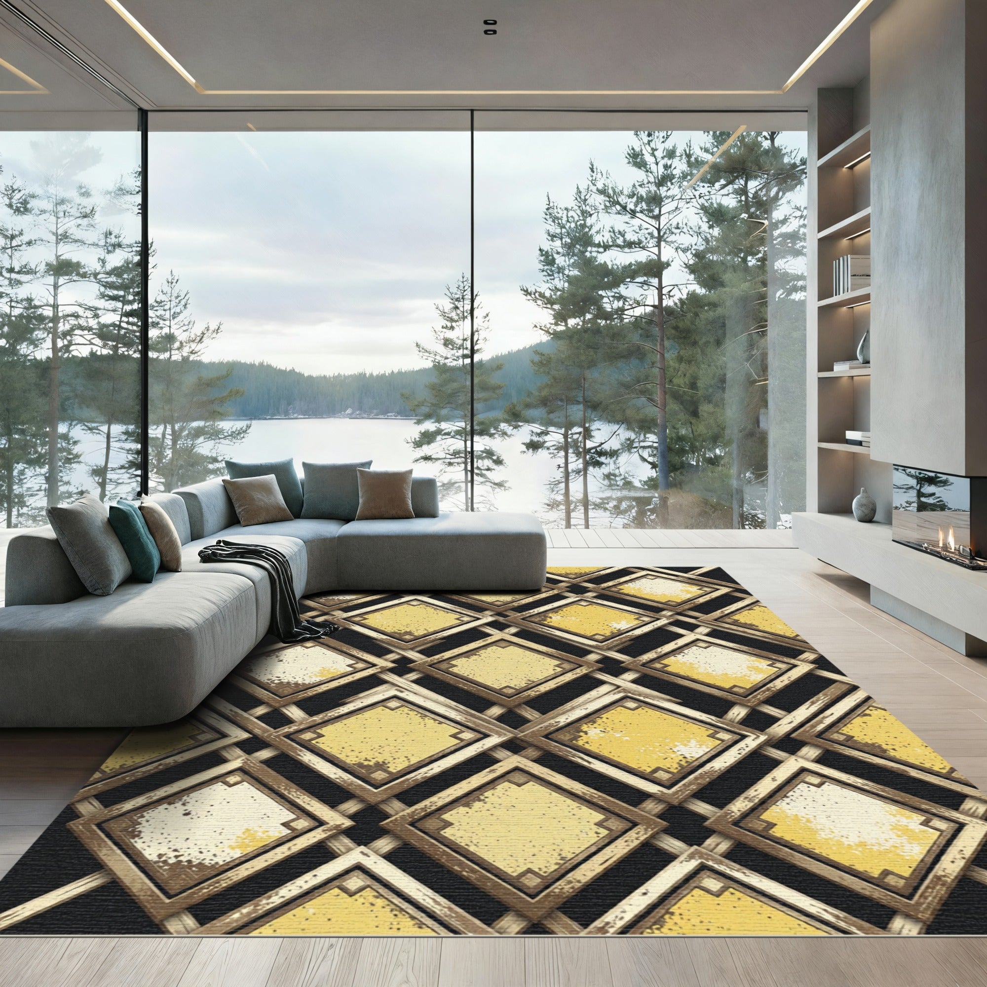 Gilded Geometric Diamond Lattice Gold Rug