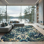 Deep Blue Floral Scrolling Acanthus Rug