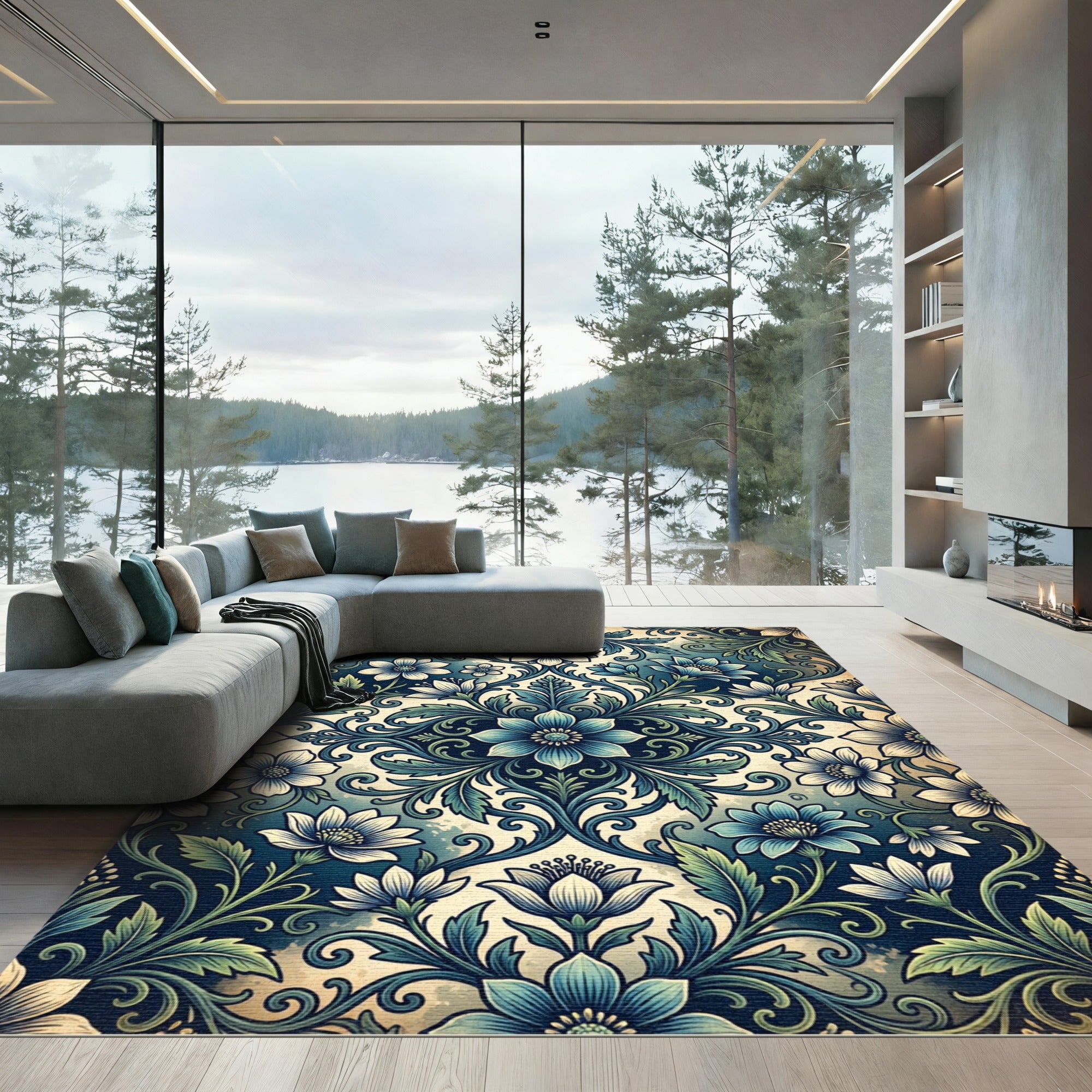 Deep Blue Floral Scrolling Acanthus Rug
