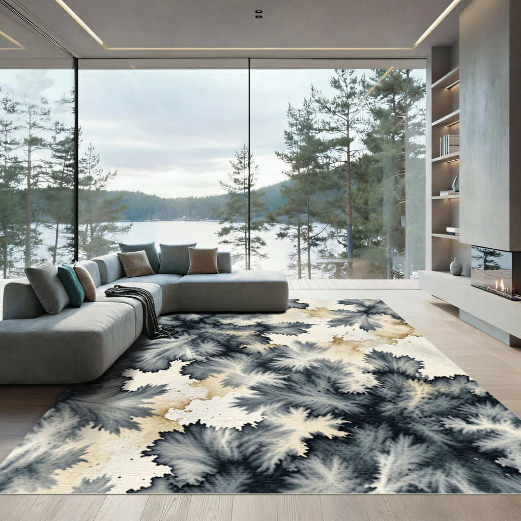 Monochromatic Ink Blossom Abstract Rug