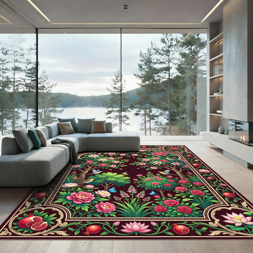 Crimson Garden Birds Floral Arch Rug