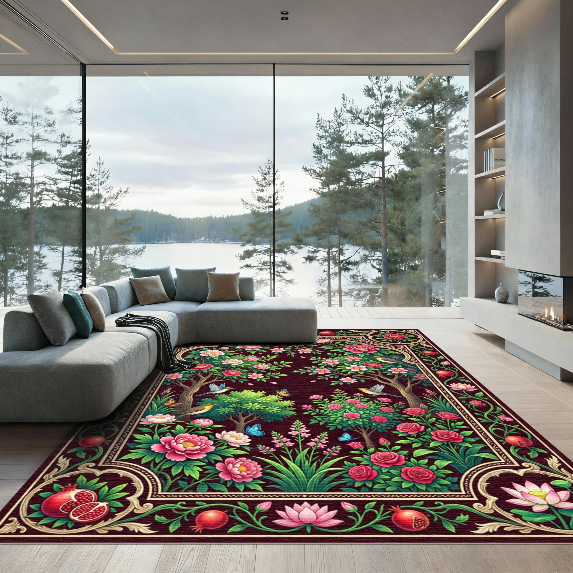 Crimson Garden Birds Floral Arch Rug