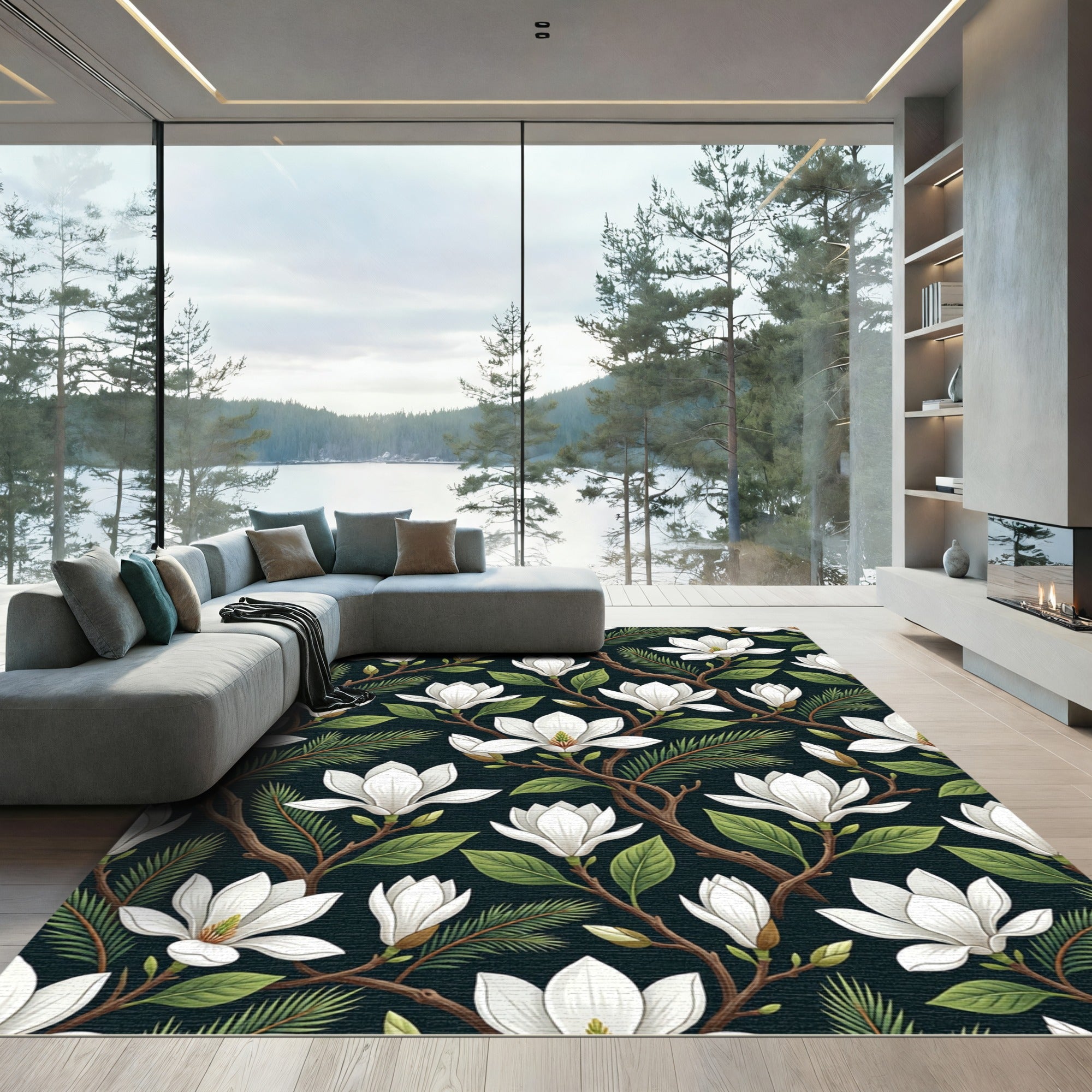 White Magnolia Branch Garden Rug
