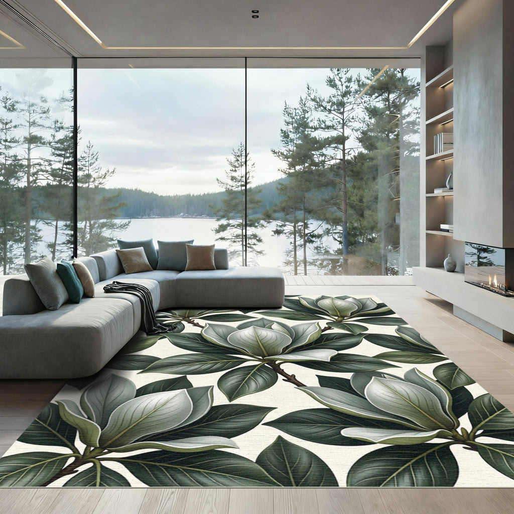 Serene Green Magnolia Floral Composition Rug