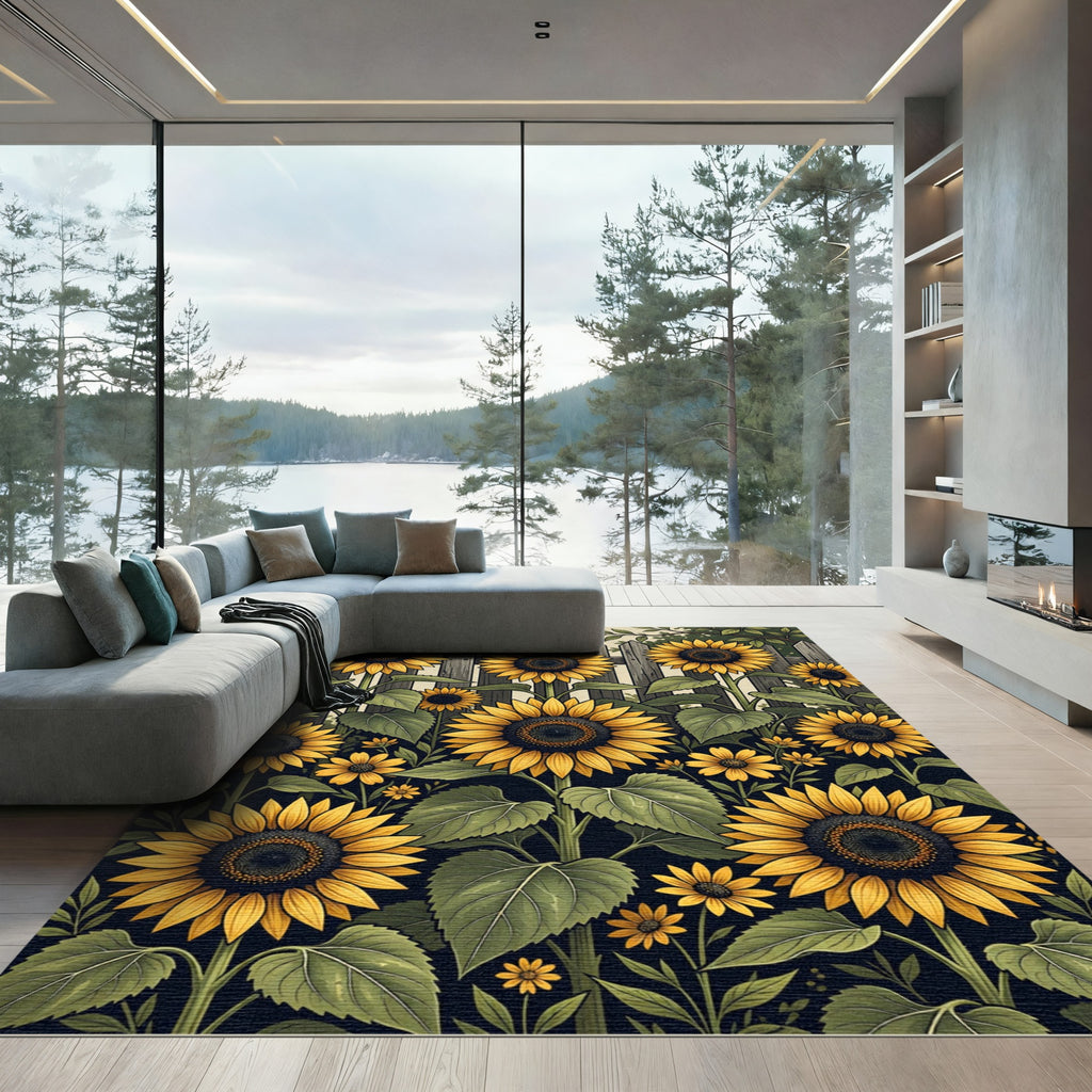 Vibrant Golden Sunflower Garden Illustration Rug