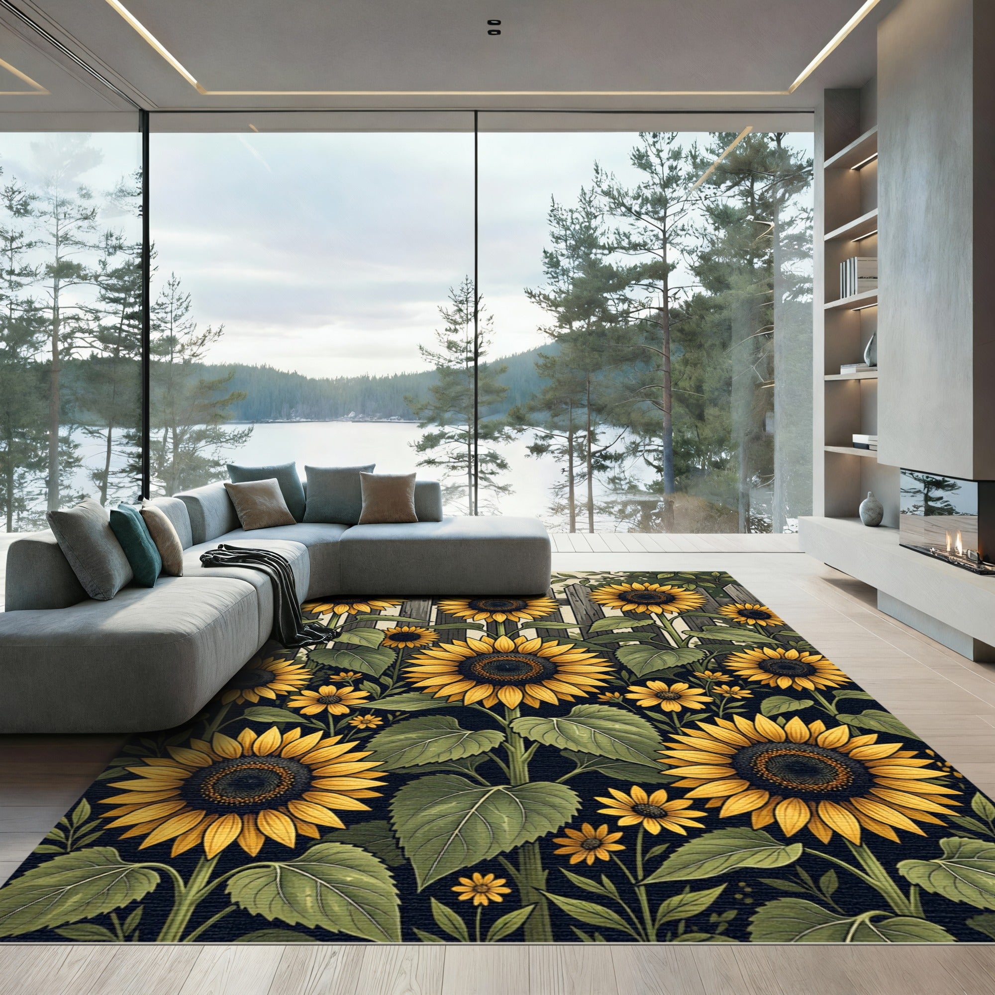 Vibrant Golden Sunflower Garden Illustration Rug
