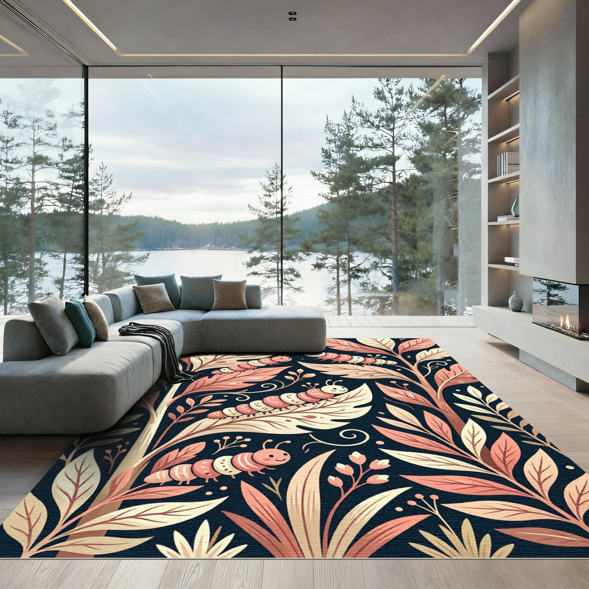 Whimsical Blush Caterpillar Floral Garden Rug