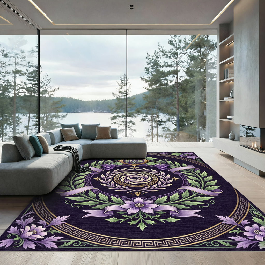 Purple Floral Laurel Wreath Gold Medallion Rug
