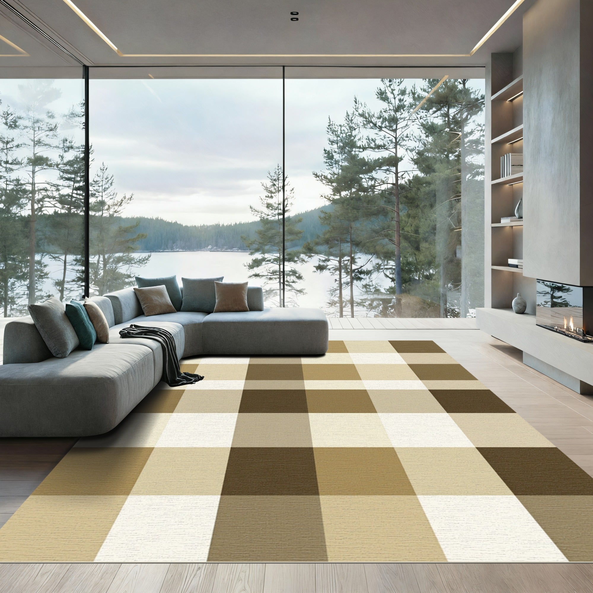 Warm Neutral Earthy Plaid Squares Rug