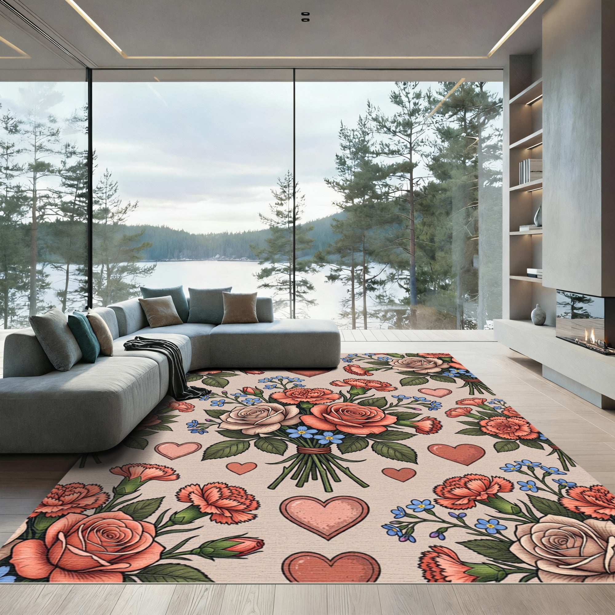 Coral Roses Blue Forget Me Knots Hearts Rug