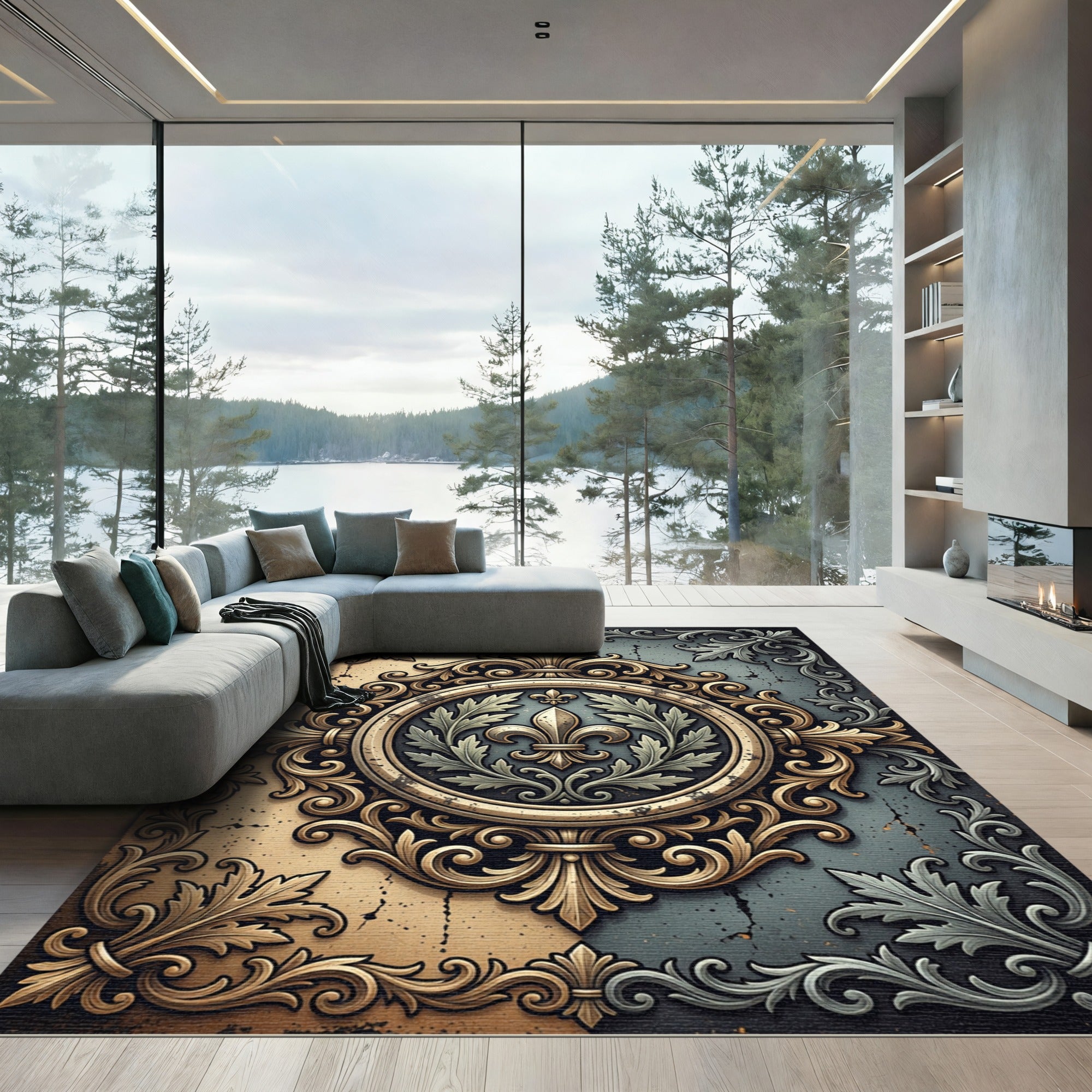 Gold Fleur de Lis Baroque Medallion Rug