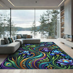 Peacock Feather Iris Floral Gold Swirls Rug
