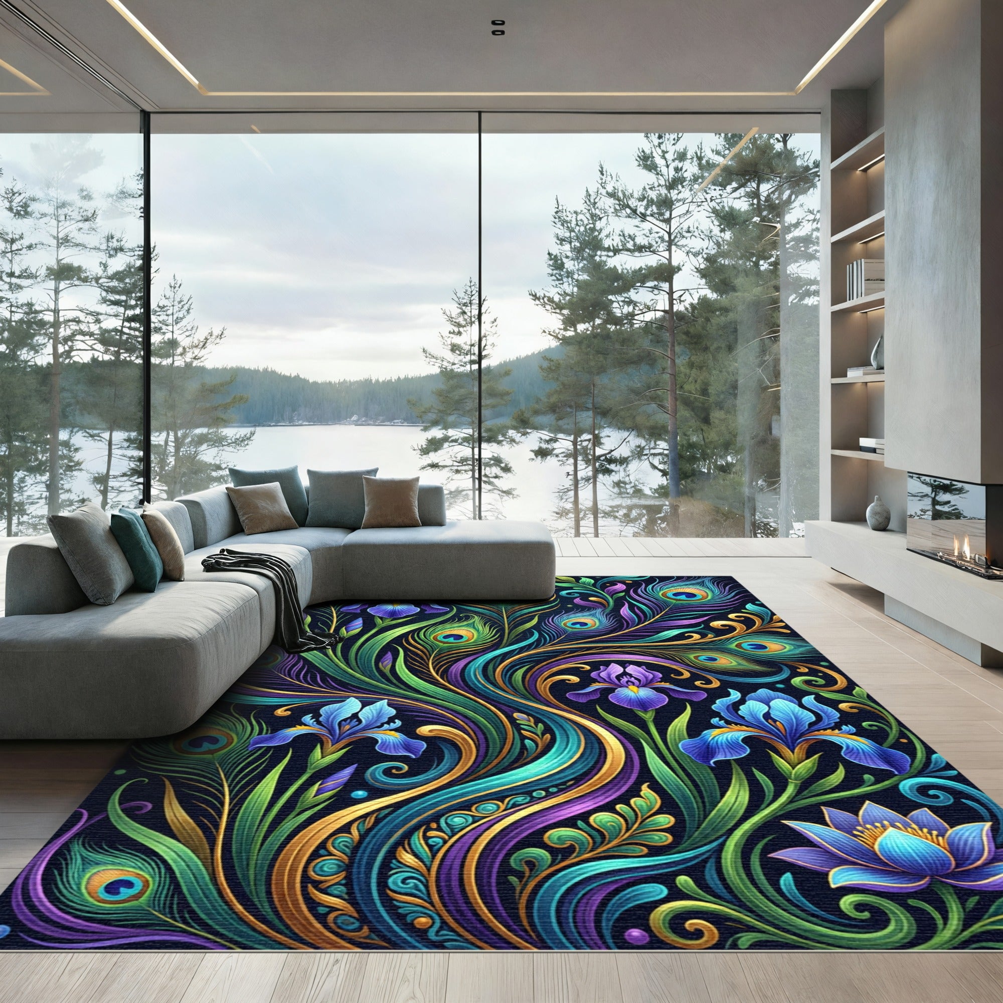 Peacock Feather Iris Floral Gold Swirls Rug