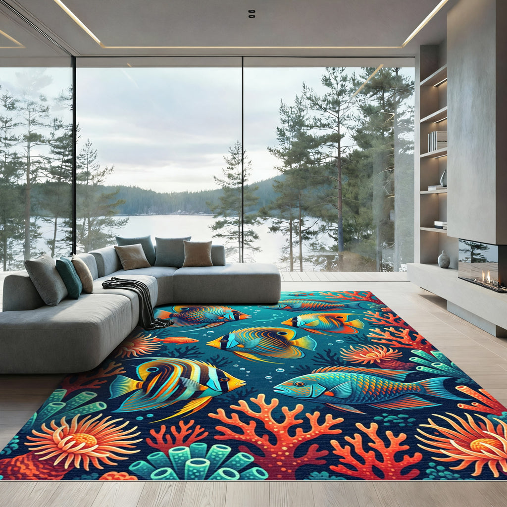 Vibrant Tropical Reef Multi Colored Fish Rug