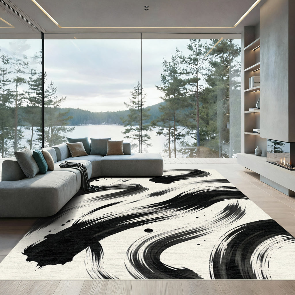 Minimalist Black Ink Swirl Statement Rug