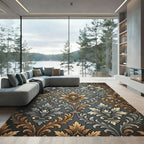 Damask Gold and Slate Scrollwork Rug