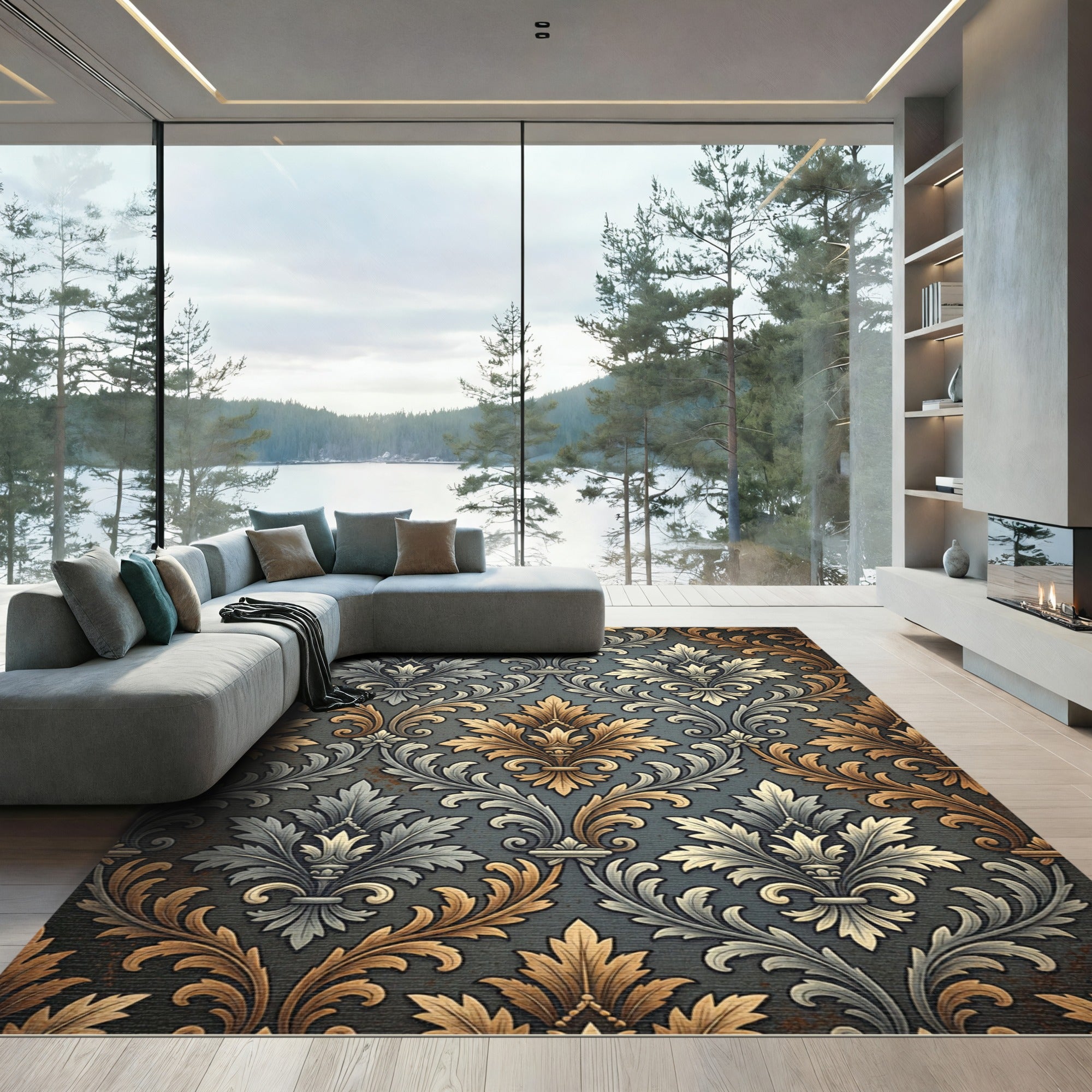 Damask Gold and Slate Scrollwork Rug