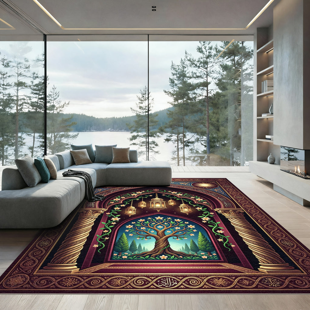 Ornate Golden Tree Lantern Arch Rug