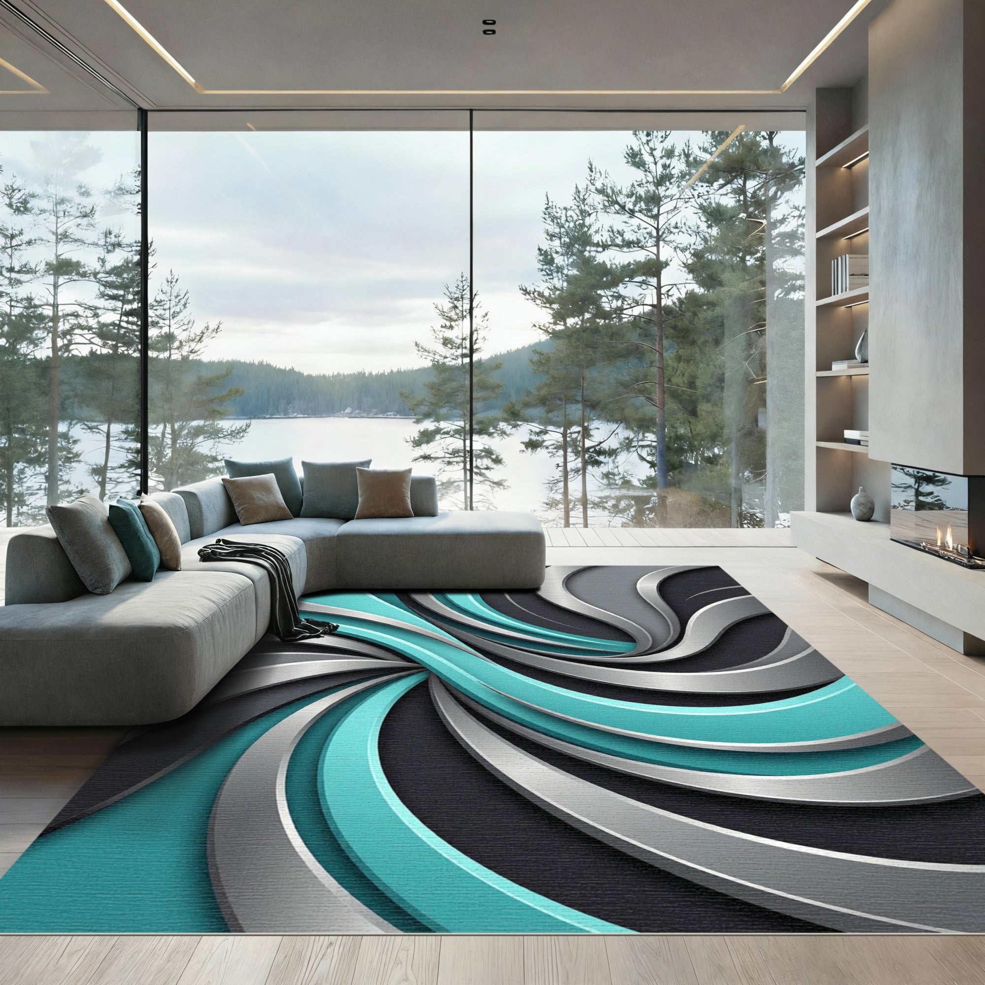 Modern Aqua and Silver Swirl Rug