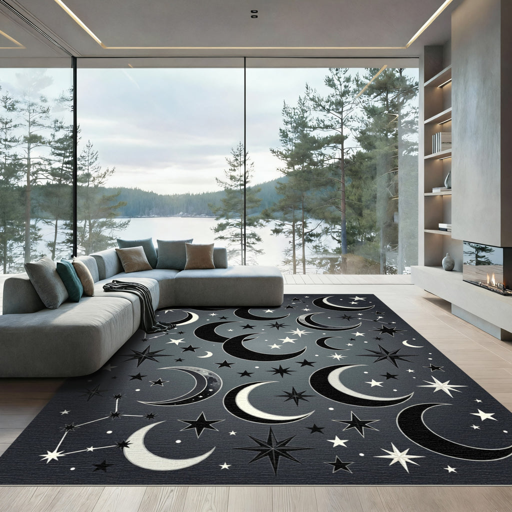 Celestial Monochrome Crescent Moon Starry Sky Rug