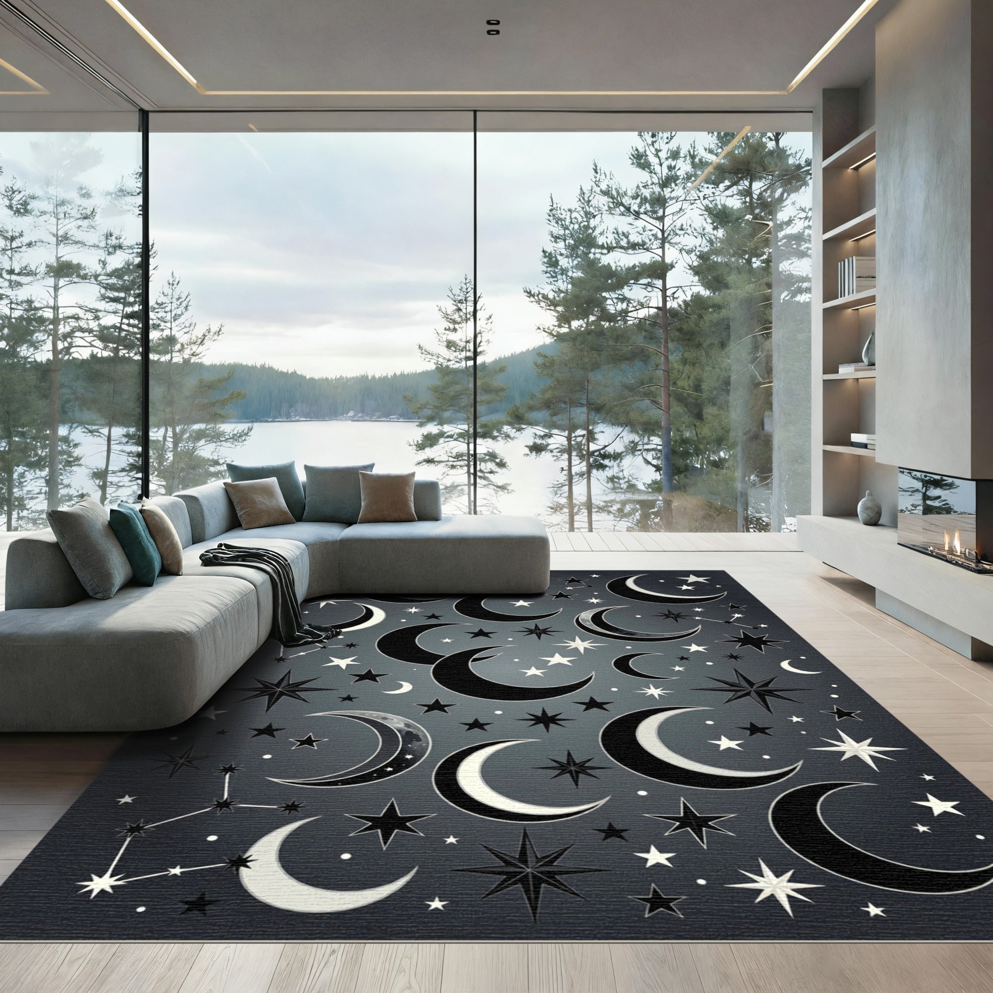 Celestial Monochrome Crescent Moon Starry Sky Rug