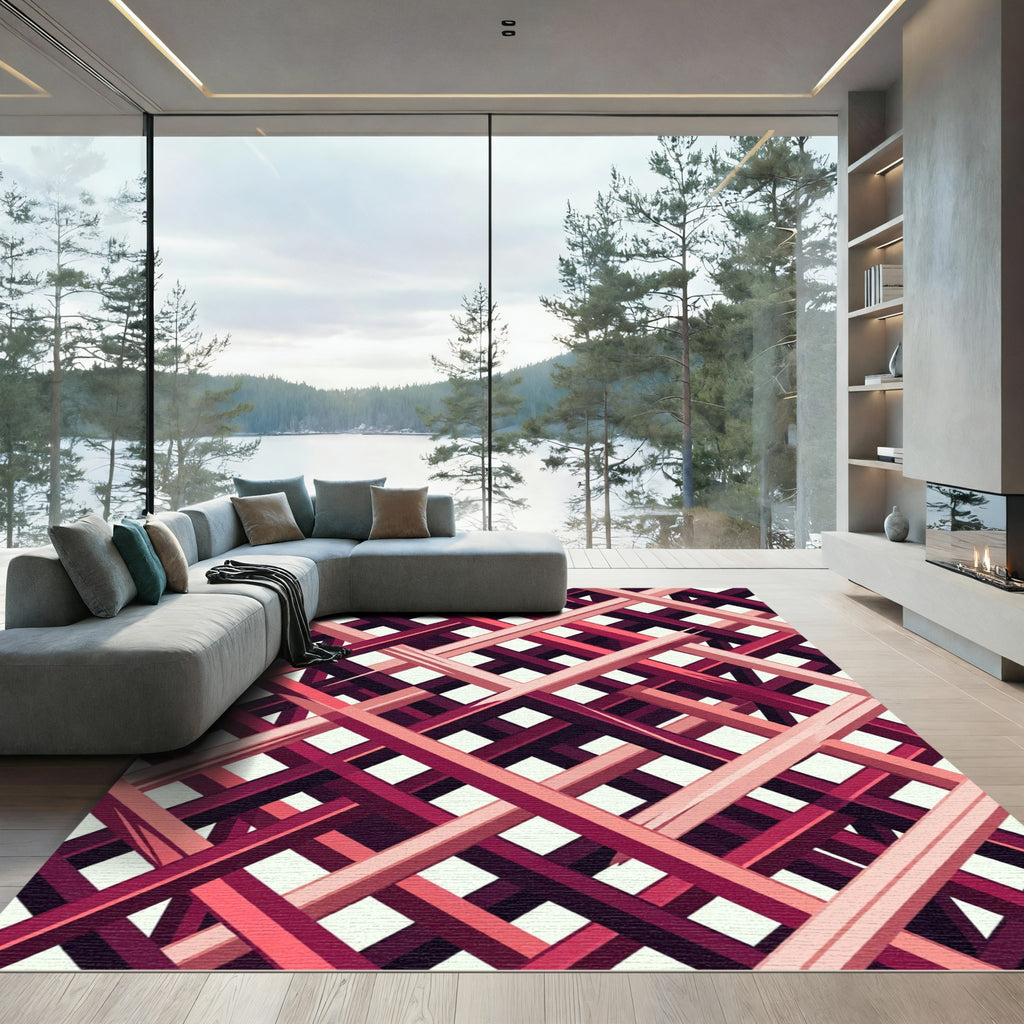 Abstract Crimson Lattice Grid Rug