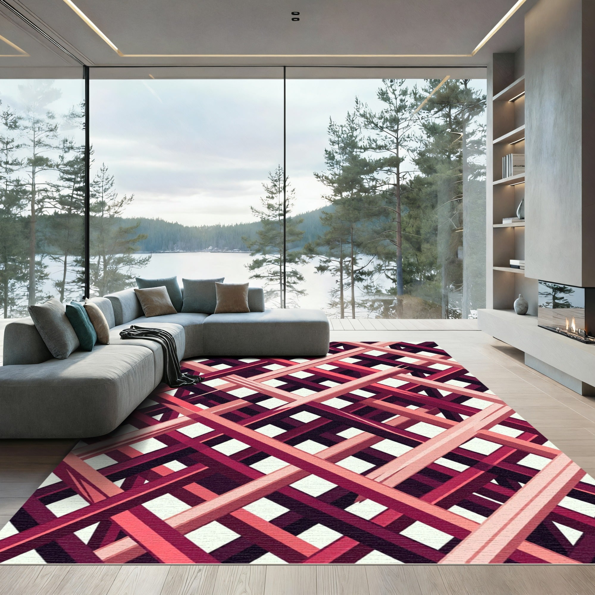 Abstract Crimson Lattice Grid Rug
