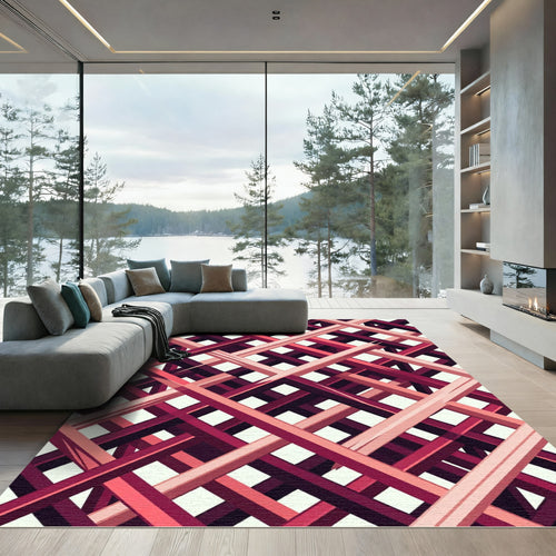 Abstract Crimson Lattice Grid Rug