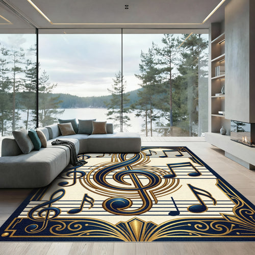 Art Deco Navy and Gold Music Note Rug