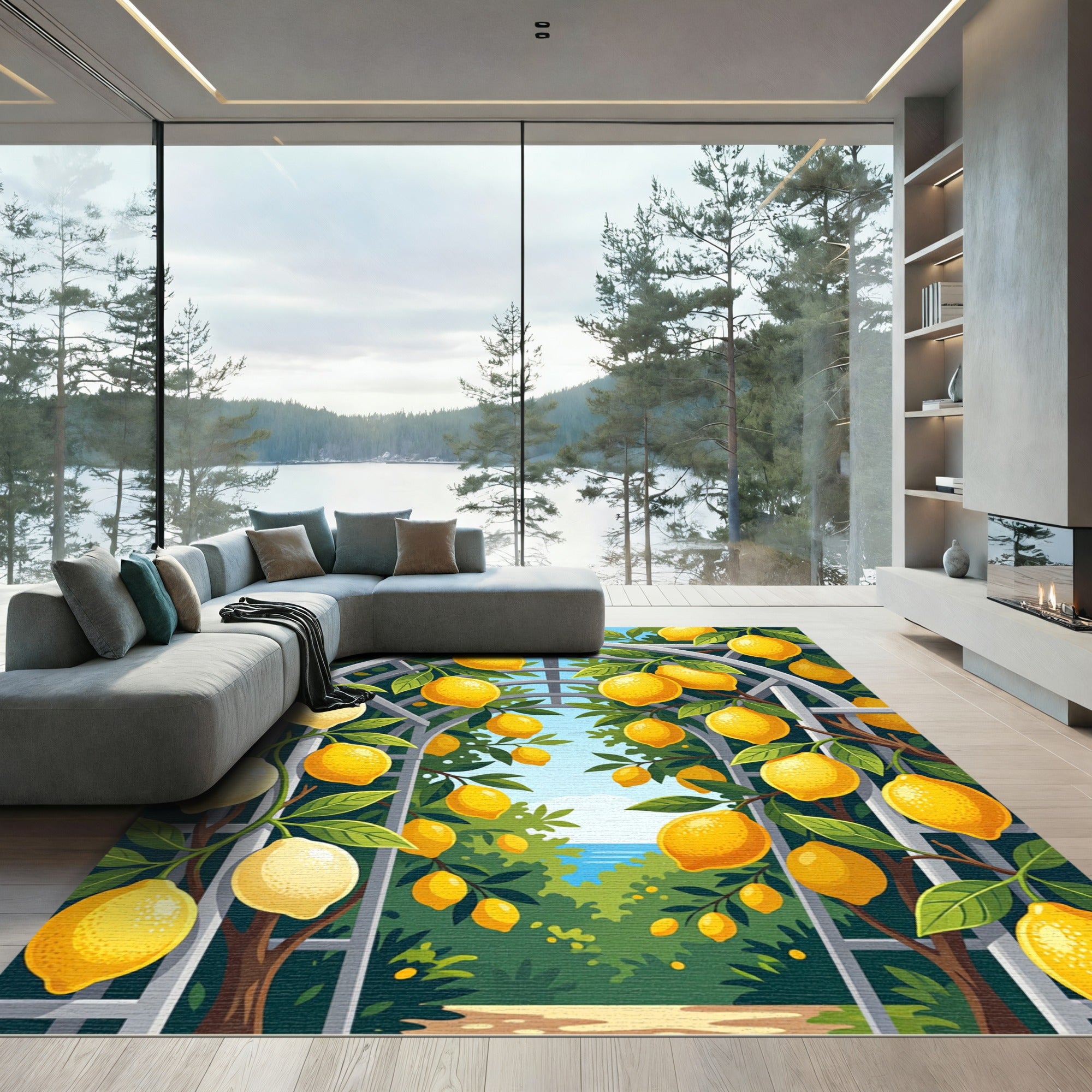 Sunlit Lemon Orchard Trellis Art Rug