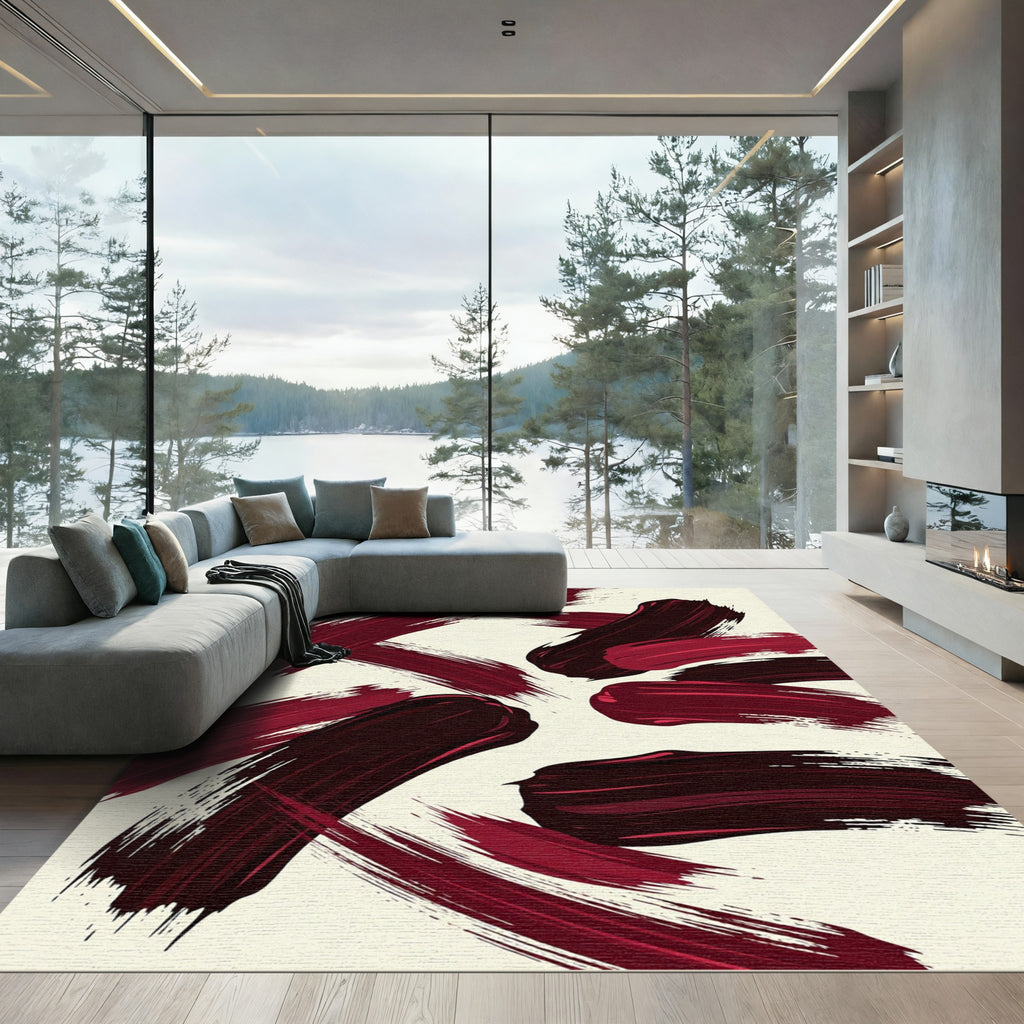 Bold Crimson Abstract Brushstroke Rug