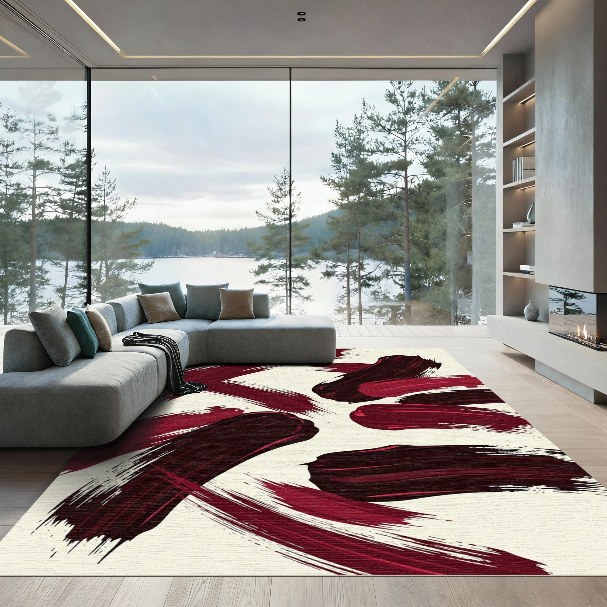 Bold Crimson Abstract Brushstroke Rug