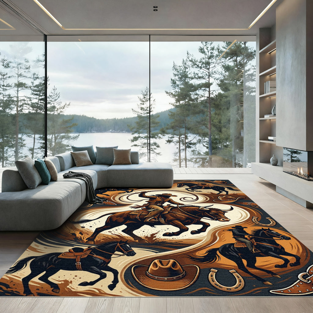 Rustic Western Rodeo Cowboy Horse Art Rug