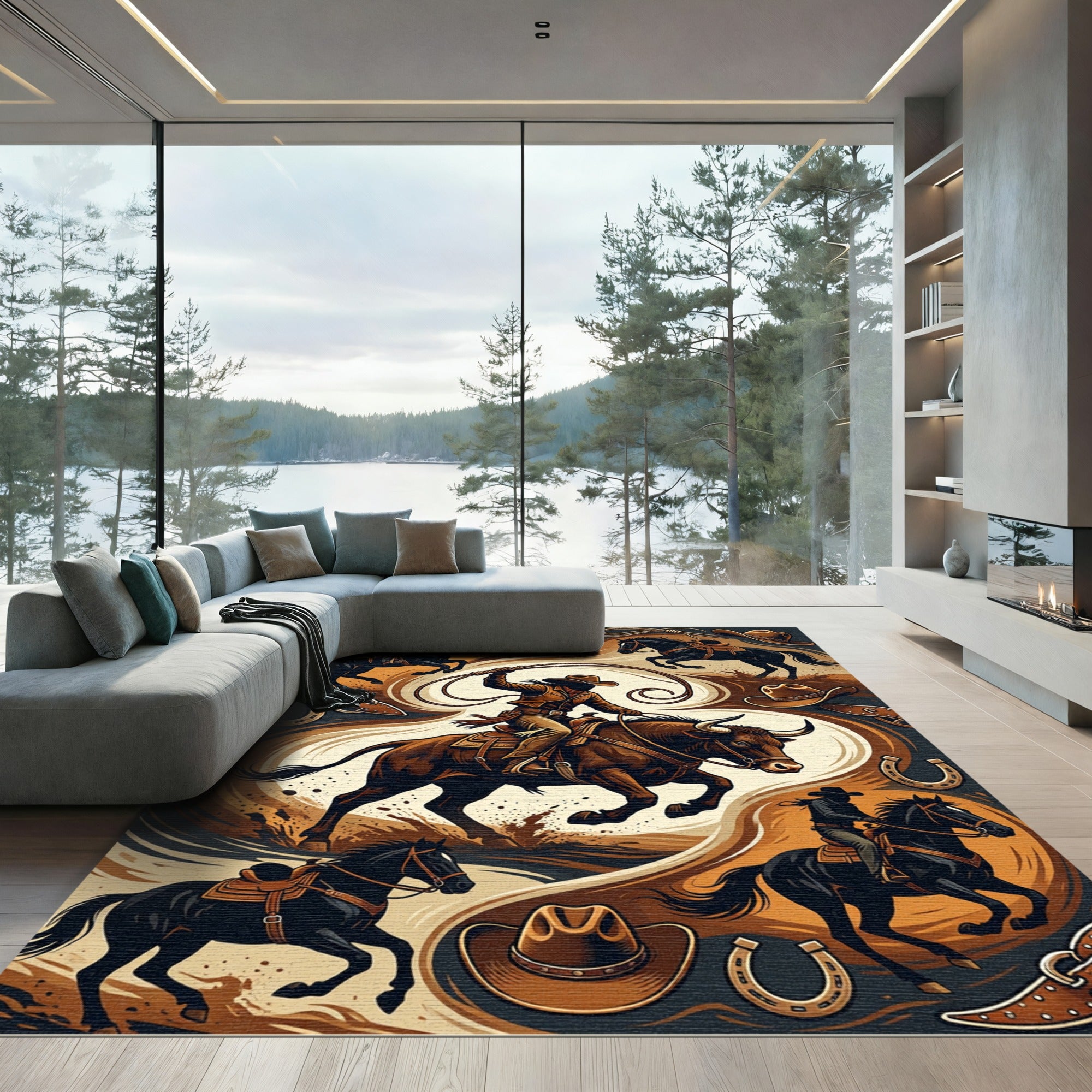 Rustic Western Rodeo Cowboy Horse Art Rug