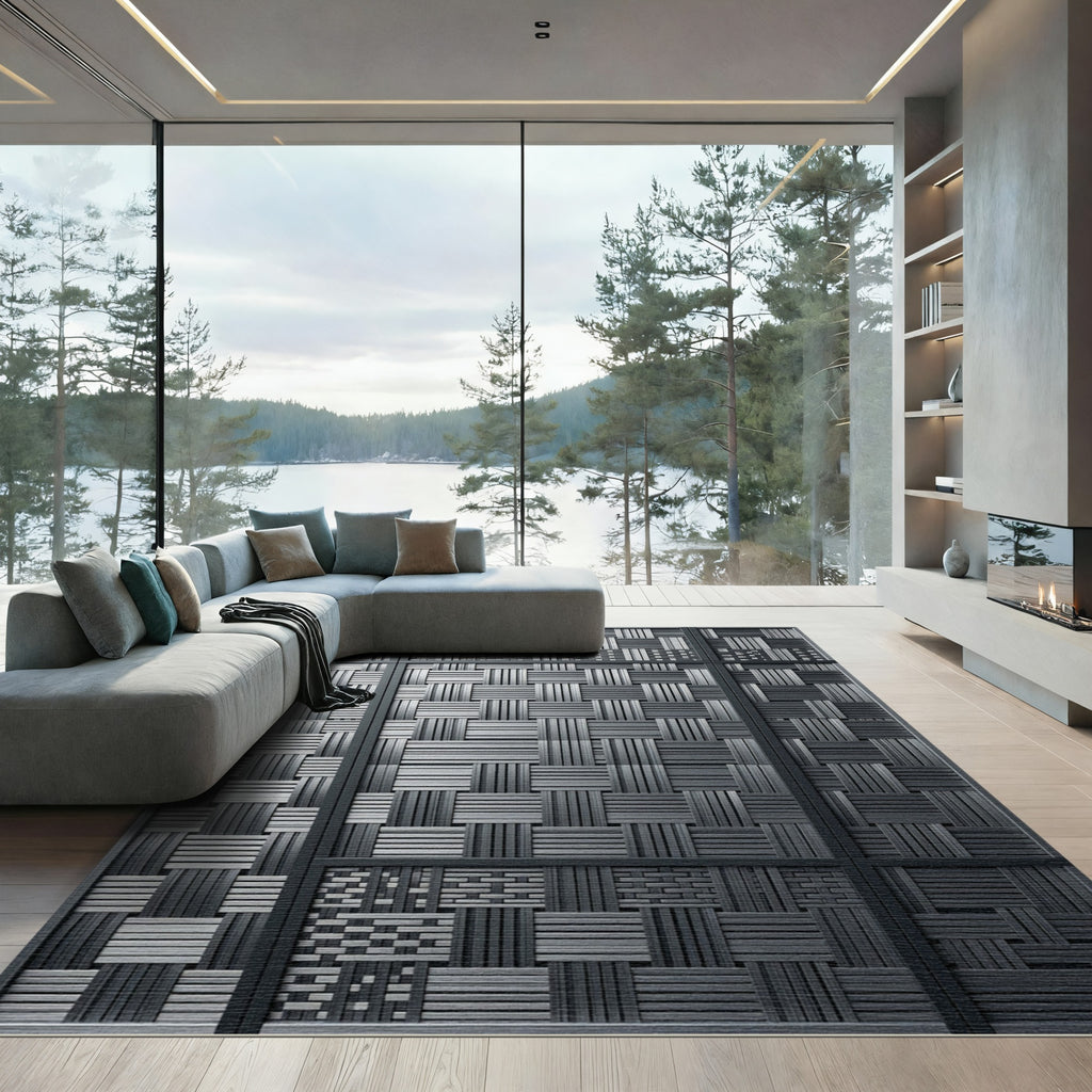 Monochrome Woven Intersecting Grid Rug