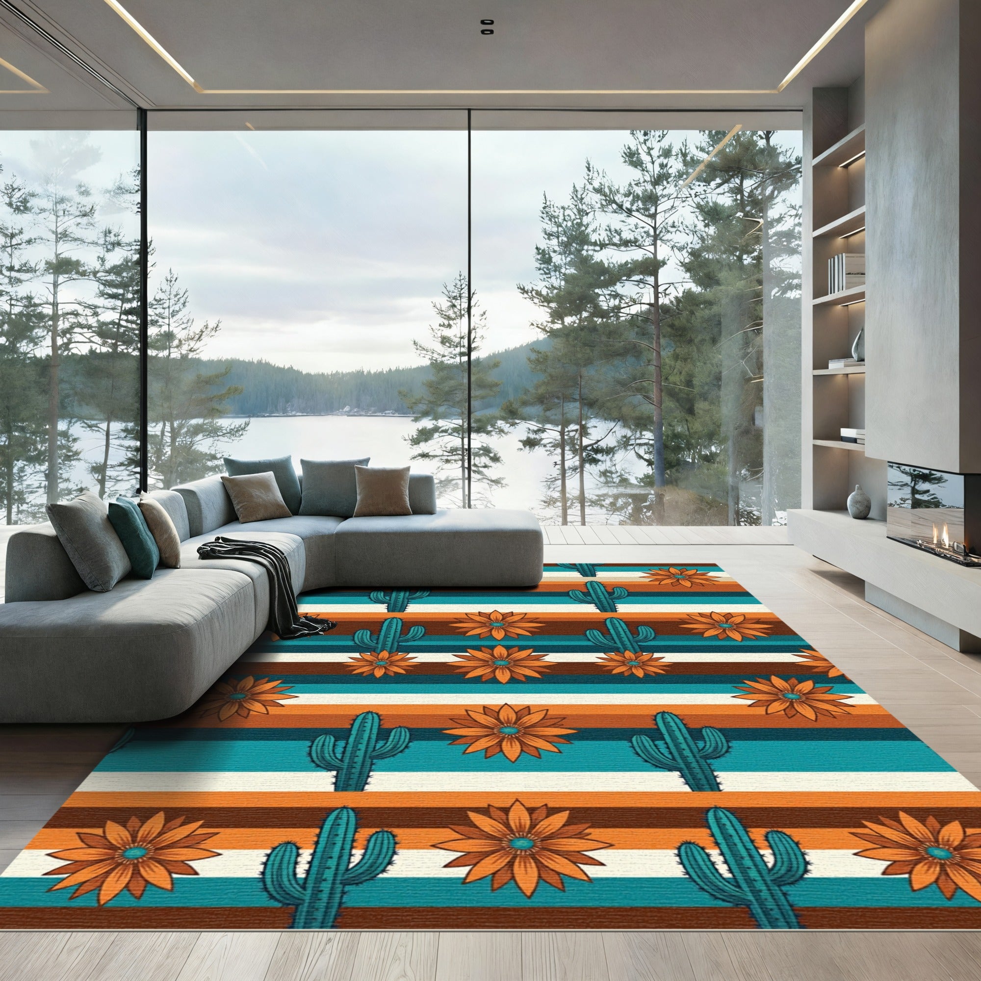 Teal Cactus Orange Flower Striped Rug