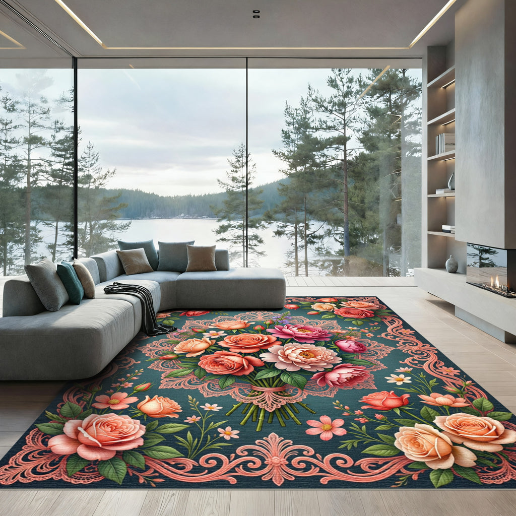 Elegant Rose Floral Lace Medallion Rug