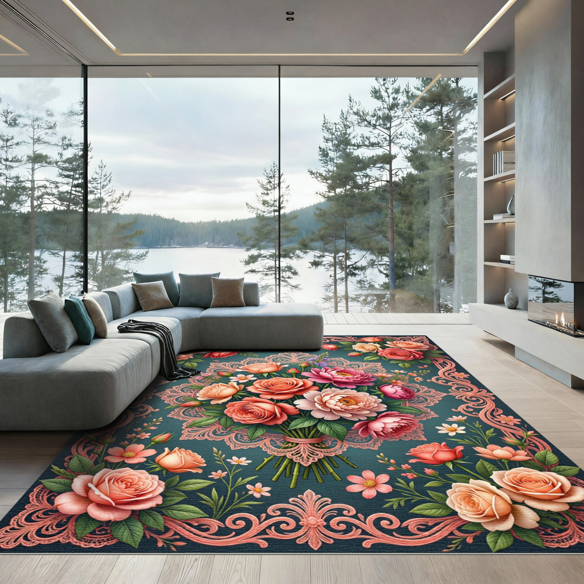 Elegant Rose Floral Lace Medallion Rug