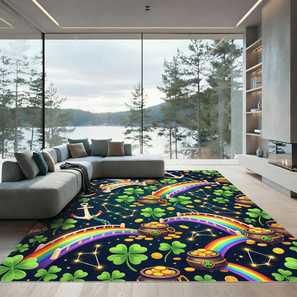 Whimsical Rainbow Shamrock Gold Coin Constellation Rug