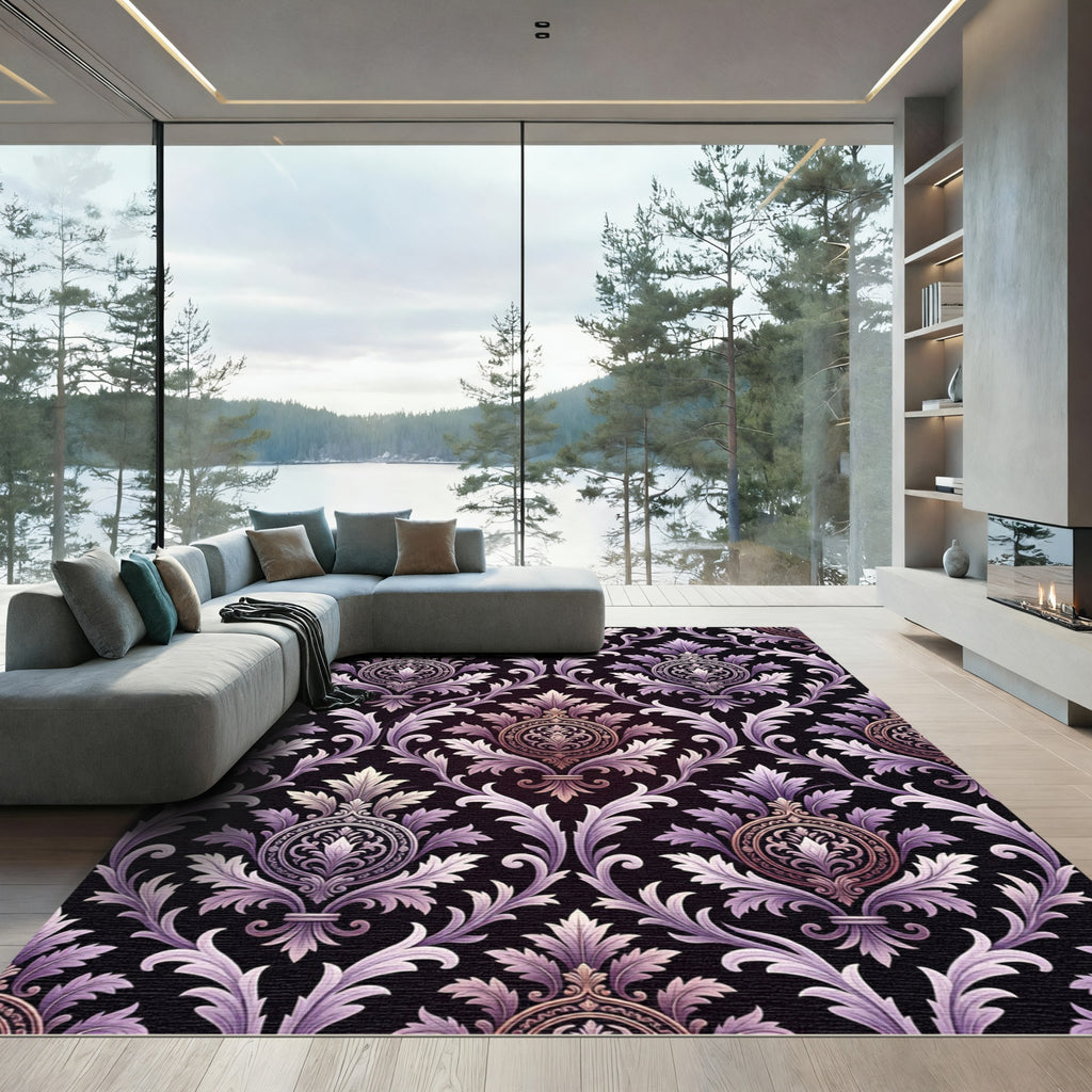 Lavender Violet Damask Scroll Work Rug